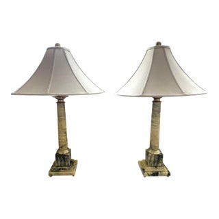 Pair of Vintage Carved Onyx Table Lamps With Original Silk Shades, C. 1950 For Sale