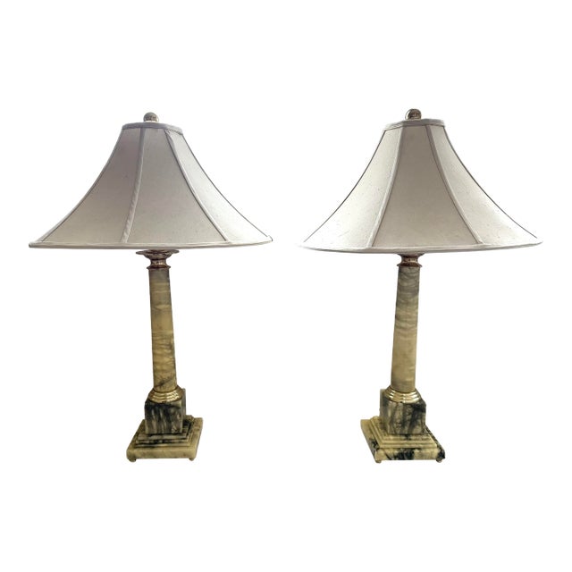 Pair of Vintage Carved Onyx Table Lamps With Original Silk Shades, C. 1950 For Sale