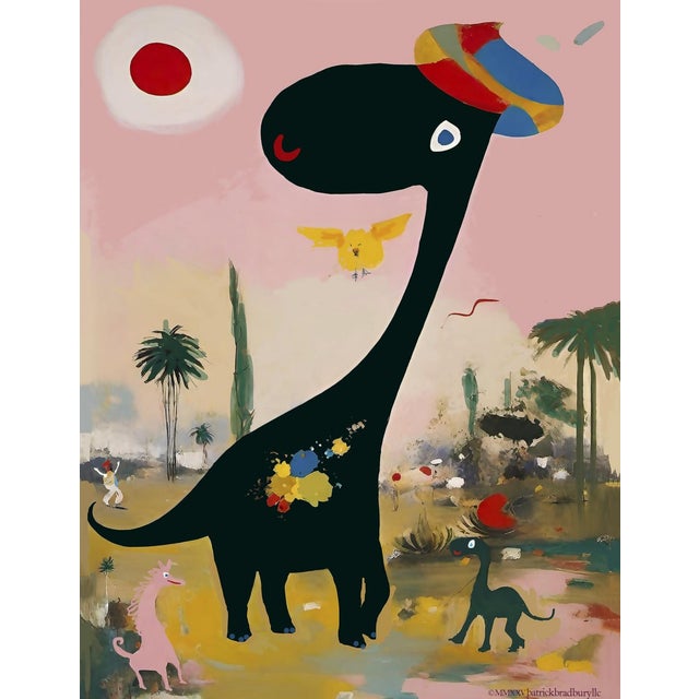 A colorful and playful children's artwork featuring a dinosaur with a beret against a pink sky. This original artwork by...