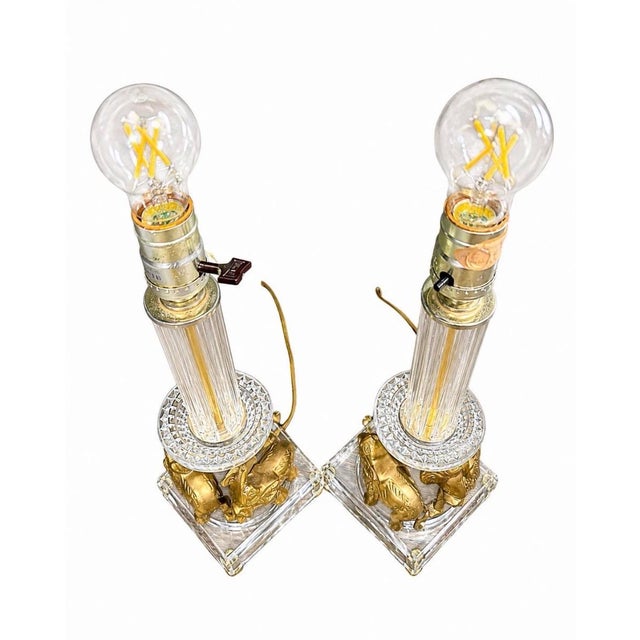 Vintage Brass Elephant Table Lamps Pair Crystal Glass Hollywood Regency - a Pair For Sale In Los Angeles - Image 6 of 10
