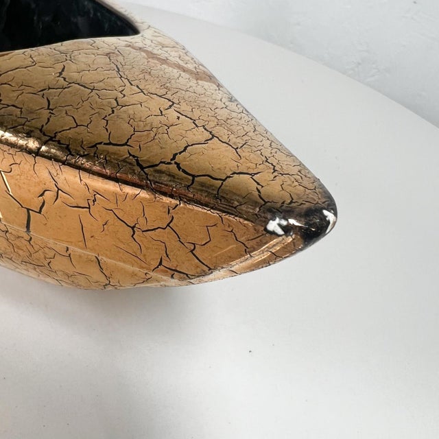 1960s Footed Ikebana Vase Mottled Gold Ceramic Boat For Sale - Image 4 of 10