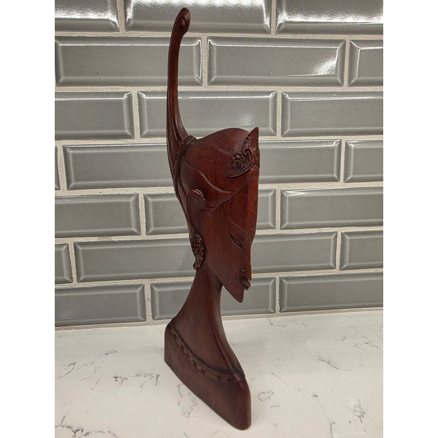 Mid-Century Balinese Art Deco Elongated Maiden Bust in Premium Hardwood For Sale - Image 4 of 12