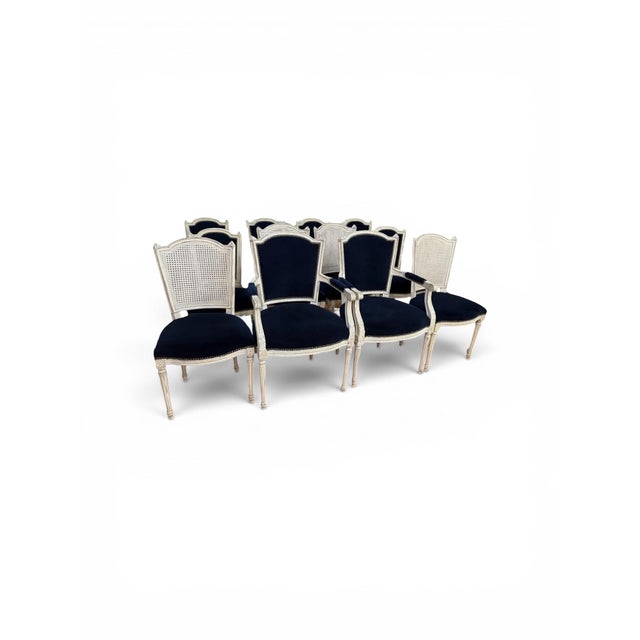 French Set of 12 Louis XVI Style Dining Chairs – Antique & Karges Furniture, Whitewashed With Royal Blue Velvet For Sale - Image 3 of 13