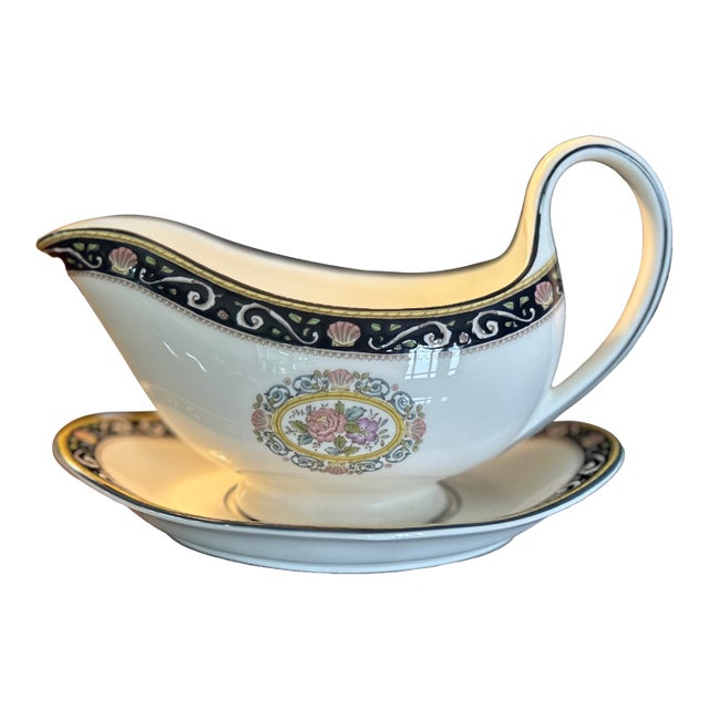 Mid 20th Century Wedgwood Bone China, England, Runnymede, Dark Blue Gray Boat & Underplate For Sale