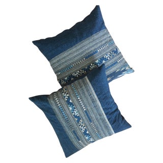 Indigo Ikat Woven Accent Pillows - A Pair For Sale