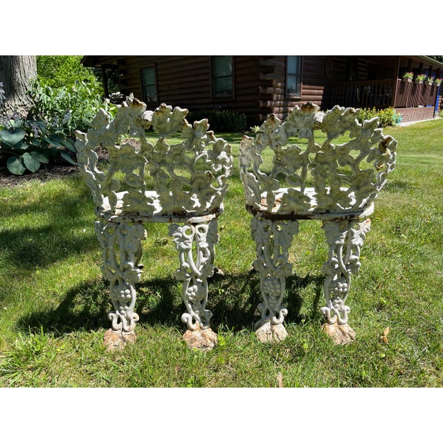 Victorian 1900s Cast Iron Garden Chairs With Grape Vine Motifs - a Pair For Sale - Image 3 of 9