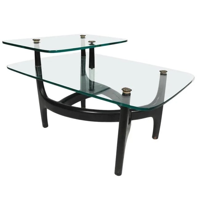 This elegant hand made pair of two-tier glass top end tables has an ebonized hardwood biomorphic frame. The two glass...