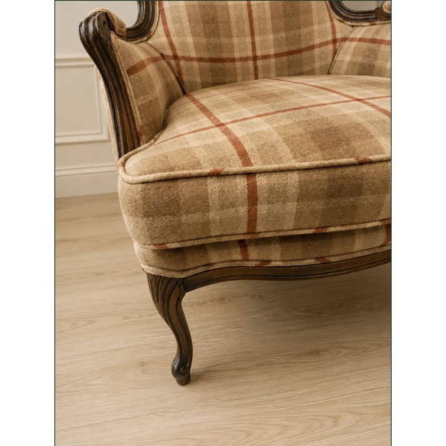 French Vintage French Style Plaid Bergère Chair For Sale - Image 3 of 6