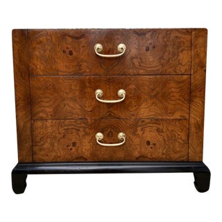 1960s Mid Century Hekman Asian Oriental Style Burl Olive Wood Nightstand Accent Chest For Sale