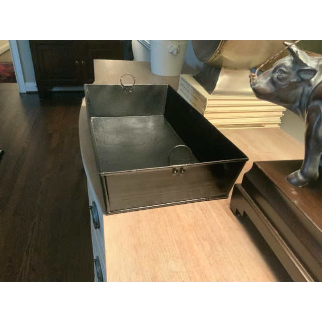 Metal Vintage Painted Black Crackle Finish Metal Container With Brass Surround - Set of 2 For Sale - Image 7 of 13