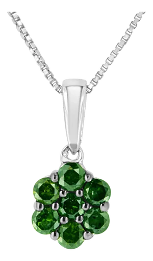 .925 Sterling Silver 1/2 Cttw Prong Set Treated Green Diamond Floral Cluster 18" Pendant Necklace