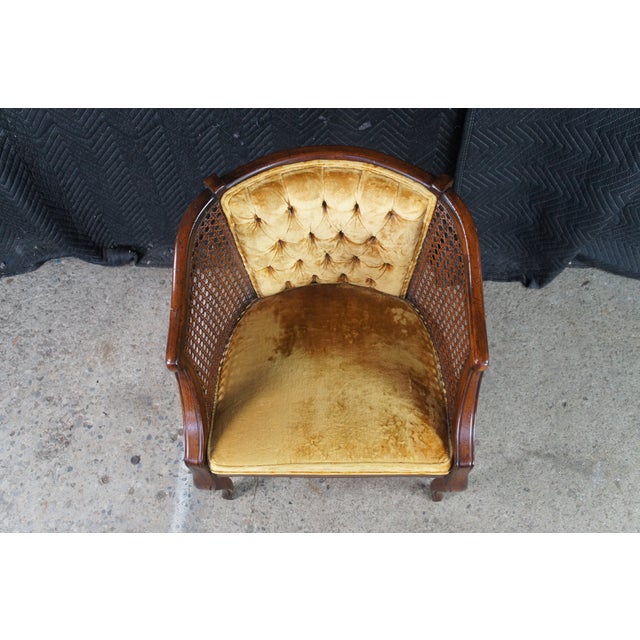 Mid 20th Century Mid 20th Century French Walnut Caned Tufted Velvet Barrel Back Bergere Club Lounge Armchair For Sale - Image 5 of 10