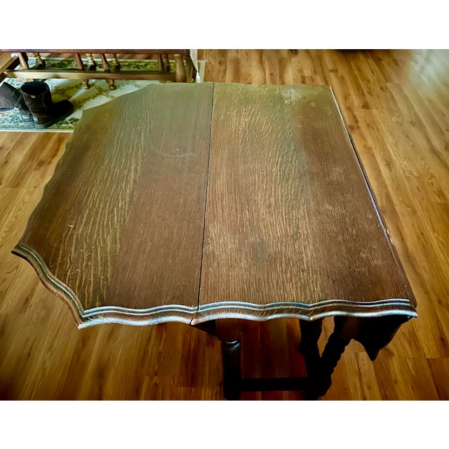 Victorian Antique English Oval Drop Leaf Table GateLeg With Scalloped Top Barley Twist Legs For Sale - Image 3 of 12