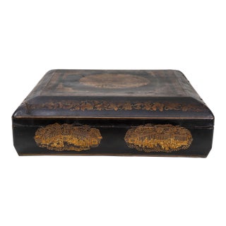 Vintage Dark Wooden Lacquer Box With Gold Color Detail For Sale