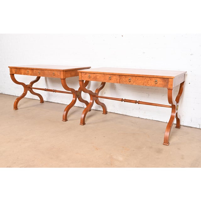 Baker Furniture Regency Burl Wood Writing Desk or Library Table, Newly Refinished For Sale - Image 11 of 12