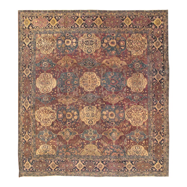 Antique Agra Maroon/Navy Rug, 11' 9" X 12' 9" For Sale