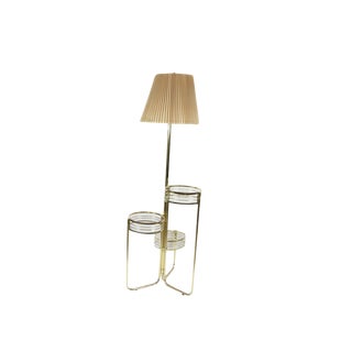 1960s Mid Century Modern MCM Brass Gold Glass 3 Tier Plant Holder Floor Lamp Light With Shade For Sale