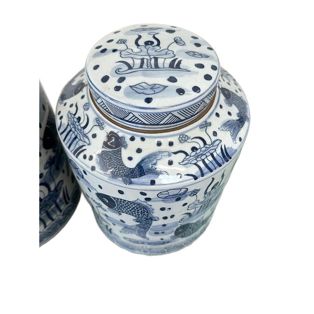 Contemporary Chinoiserie Costal Porcelain Blue & White Tea Jars- a Pair For Sale - Image 4 of 6