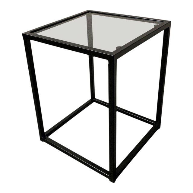 New Modern Square Black Table With Fumee Glass Top, Indoor or Outdoor For Sale