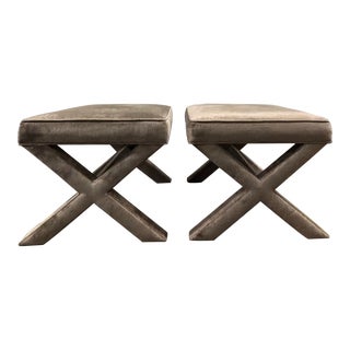 Set of 2 Jonathan Adler X Benches in Their Original Silver Velvet Upholstery For Sale