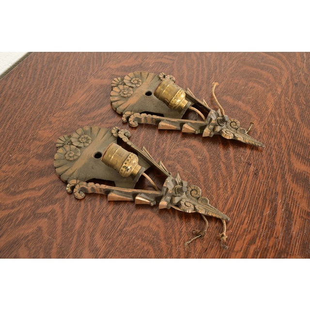 A gorgeous pair of Art Deco period bronze wall sconces In the manner of Tiffany Studios By Mid-West Manufacturing Co. USA,...