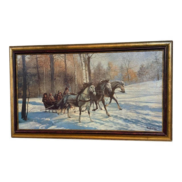Vintage Winter Sleigh Ride Oil Painting Signed Sobotka – Professionally Framed in Italian Frame For Sale