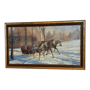 Vintage Winter Sleigh Ride Oil Painting Signed Sobotka – Professionally Framed in Italian Frame