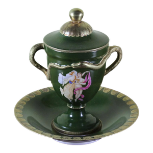 1990s Vintage/New KPM Collectors Serpent Handles Cup With Lid & Saucer With Bacchus & Ariadne Painting