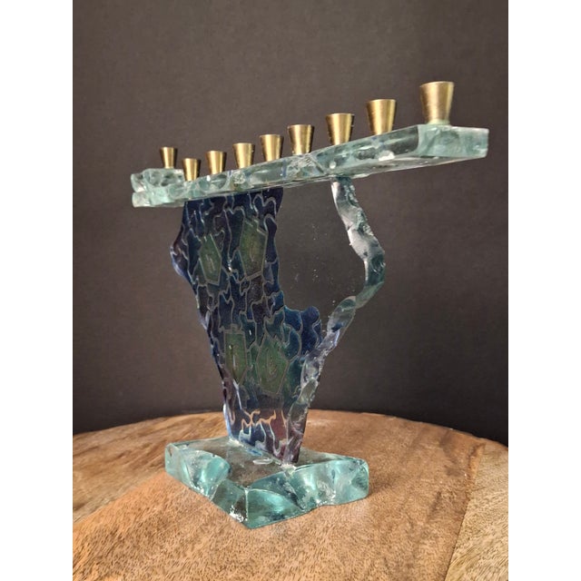 Traditional Late 20th Century Signed Uda Yehuda Parmat Studio Art Glass Menorah Iridescent Fused Dreidel For Sale - Image 3 of 17