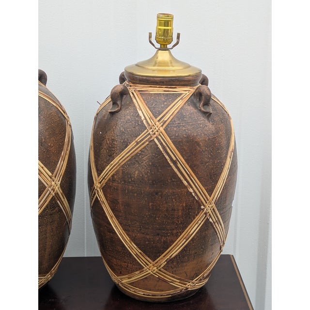 Vintage Pottery Vase Table Lamp With Woven Rattan Rope For Sale - Image 10 of 14