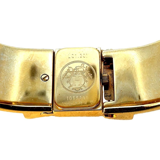 Hermès Paris Vintage "Loquet" Equestrian Enamel & Gold-Plated Bangle Watch For Sale In New York - Image 6 of 6