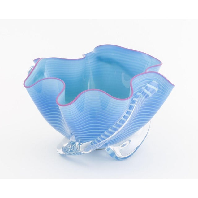 Studio Glass Handkerchief Bowl, 2004, striped blue glass with lilac rim, clear glass forms to sides, signed "R Madin (?)"...