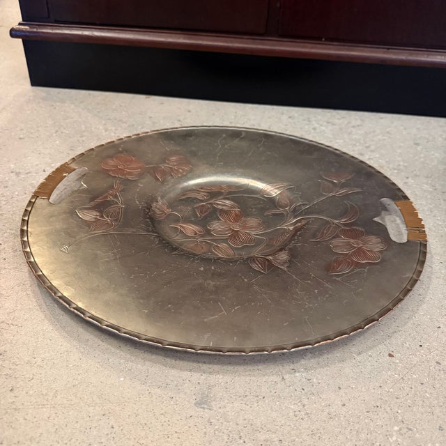 Mid 20th Century Mid 20th Century Large Aluminum and Rattan Decorative Floral Motif Serving Tray For Sale - Image 5 of 10