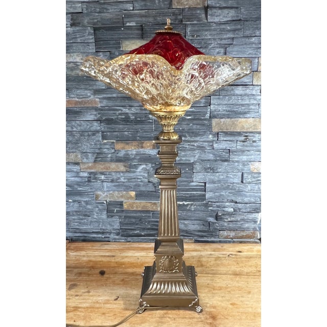 Vintage Stiffel Neoclassical Column Torchiere Lamp With Red and Amber Murano Art Glass Shade For Sale In New York - Image 6 of 12