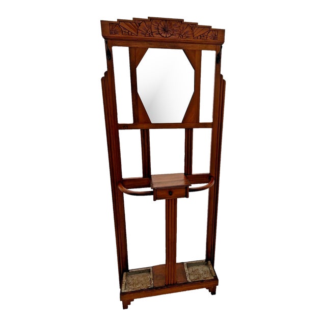 Early 20th Century Art Deco Hall Tree, Mirror, Wormhole Maple Chairish