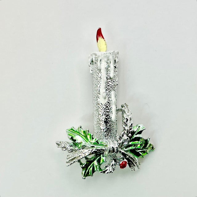 1970s Vintage Boho Chic Americana Silver Tone Candle Christmas Brooch, Ancer Inc For Sale - Image 4 of 6