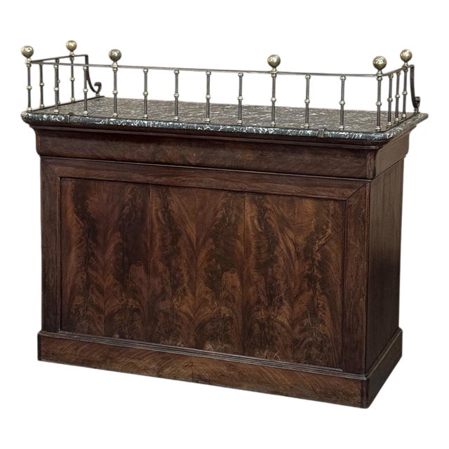 Rare Louis Philippe Period Marble Top Concierge Counter With Original Hand Forged Brass Gallery Rail For Sale