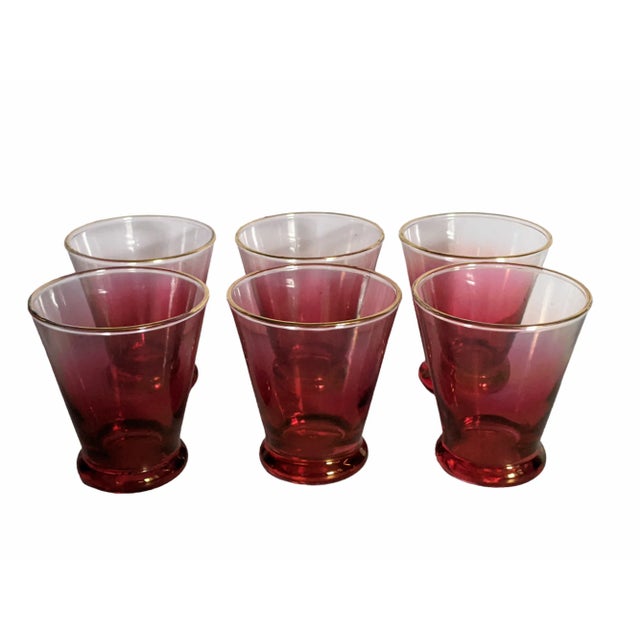 Vintage Blendo Cranberry Pink Glass Barware Cocktail Shaker and Set of 6 Glasses For Sale In Charlotte - Image 6 of 11