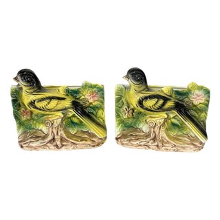 Vintage 1940s Stangl Pottery #3635 Yellow Black Goldfinches on Branch Ceramic Planters or Figurines Bird Planters - A Pair For Sale