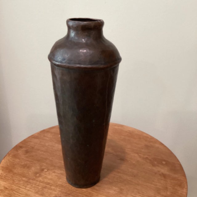 Vintage Arts & Crafts style handmade hammered copper vase , presented is a superb shape copper mixed metal inlay vase with...