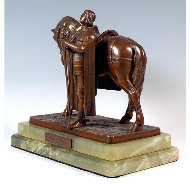 Viennese Bronze Parsifal with Horse on Onyx Base attributed to Carl Kauba, 1900s For Sale - Image 5 of 12