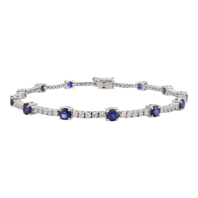 18k Solid White Gold Blue Sapphire and Diamond Tennis Bracelet for Women For Sale