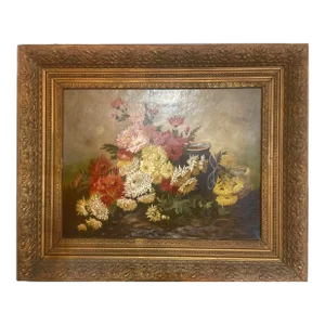 Ca. Late 19th Century Chrysanthemums Still Life, Oil on Canvas, Antique Gilt Frame