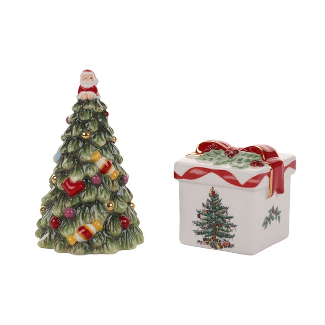 English Spode Christmas Tree Gold Figural Tree & Gift Salt and Pepper Gift Boxed Set For Sale - Image 3 of 3