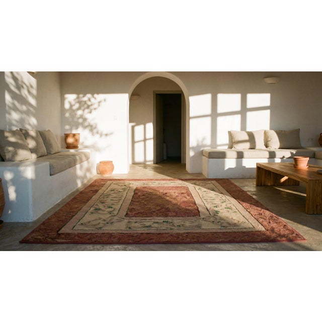 Early 20th Century 1930s Orange Salmon Medallion Folk Art Antique American Hooked Rug 4' 0" X 5' 5" Handknotted Wool Carpet For Sale - Image 5 of 7