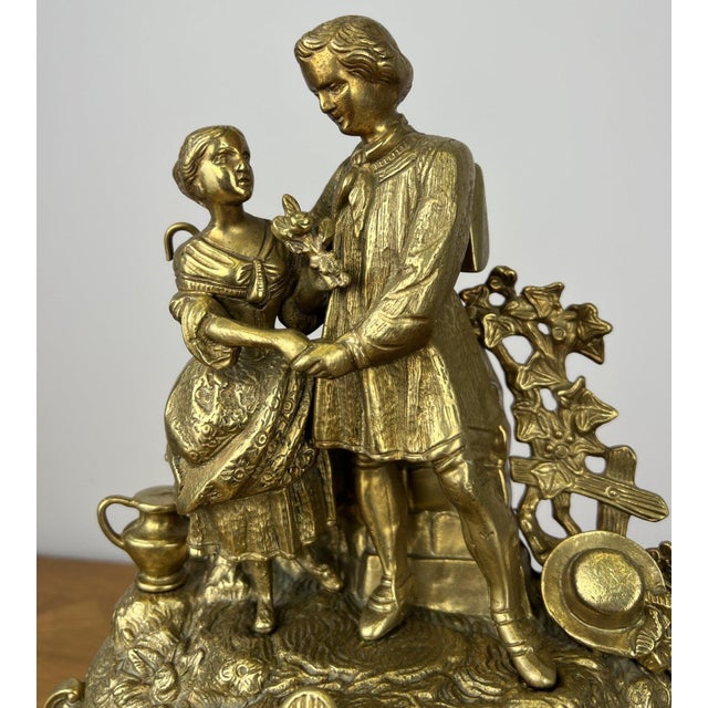 Vintage French Brass Ornate Romantic Couple Mantel Clock For Sale - Image 10 of 16