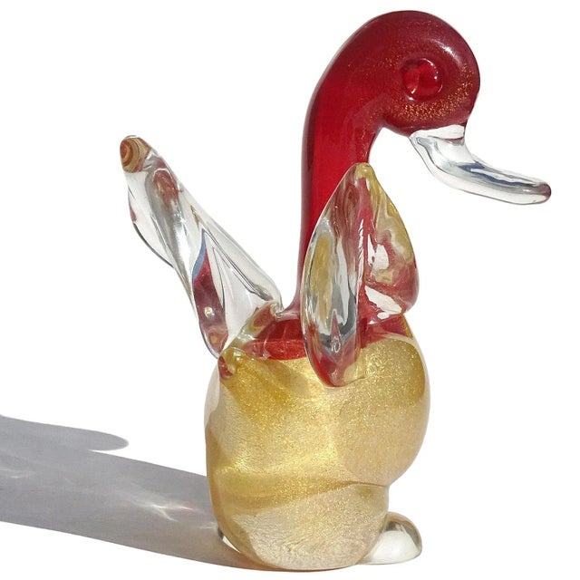 Vintage Murano Seguso Vetri d'Arte Red Head Gold Flecks Body Italian Art Glass Baby Duck Bird Figure For Sale In Orlando - Image 6 of 7