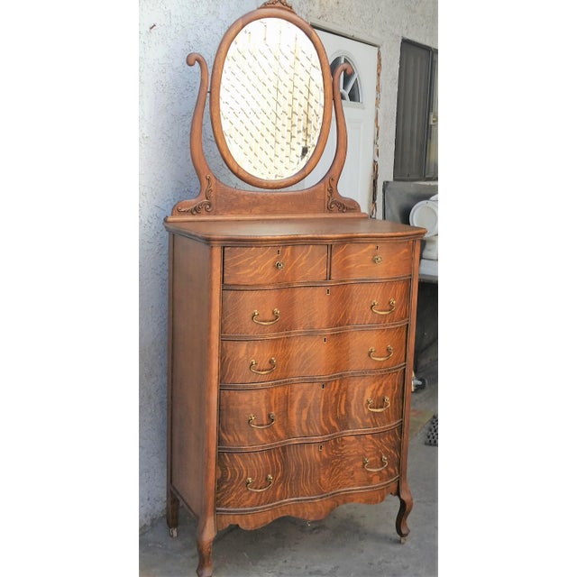 1900s Antique American Tiger Oak Tall Serpentine Highboy With Mirror