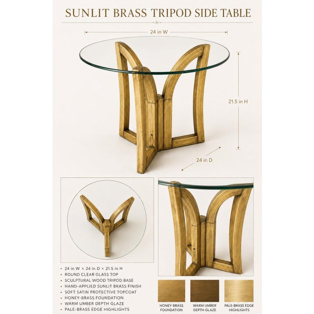A striking vintage sculptural side table featuring a round clear-glass top supported by an architectural wooden tripod...