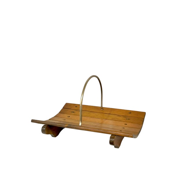 Vintage Mid Century Modern Cabin Style Wood and Brass Fireplace Log Holder or Magazine Book Rack For Sale - Image 4 of 17
